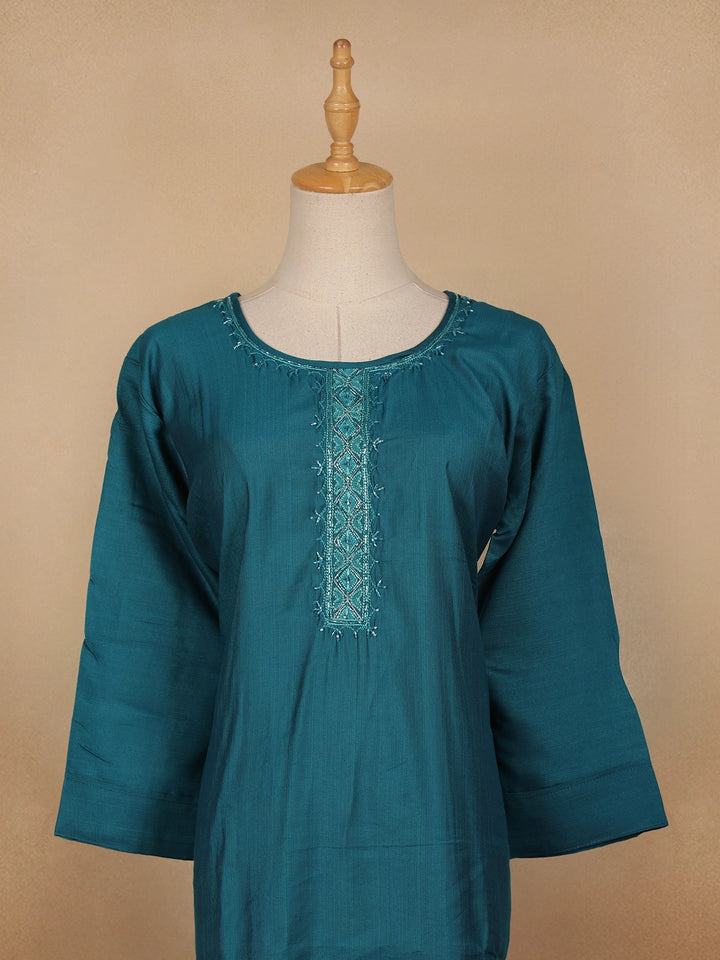 Peacock Blue Floral Design Cotton Kurti - Diadem