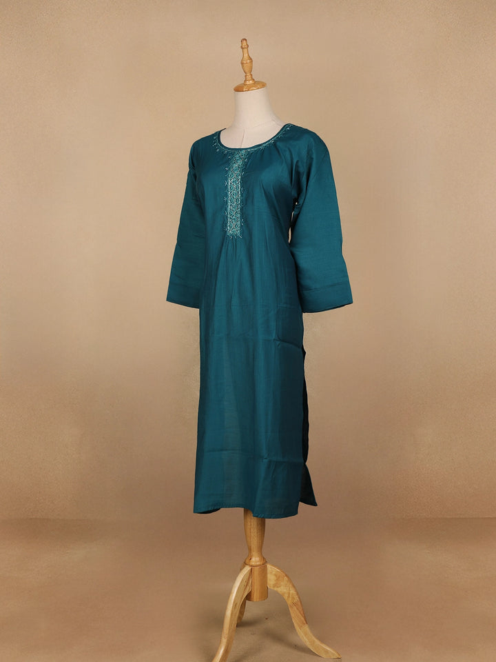 Peacock Blue Floral Design Cotton Kurti - Diadem