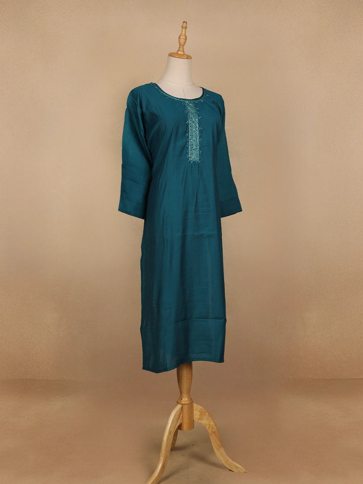 Peacock Blue Floral Design Cotton Kurti - Diadem