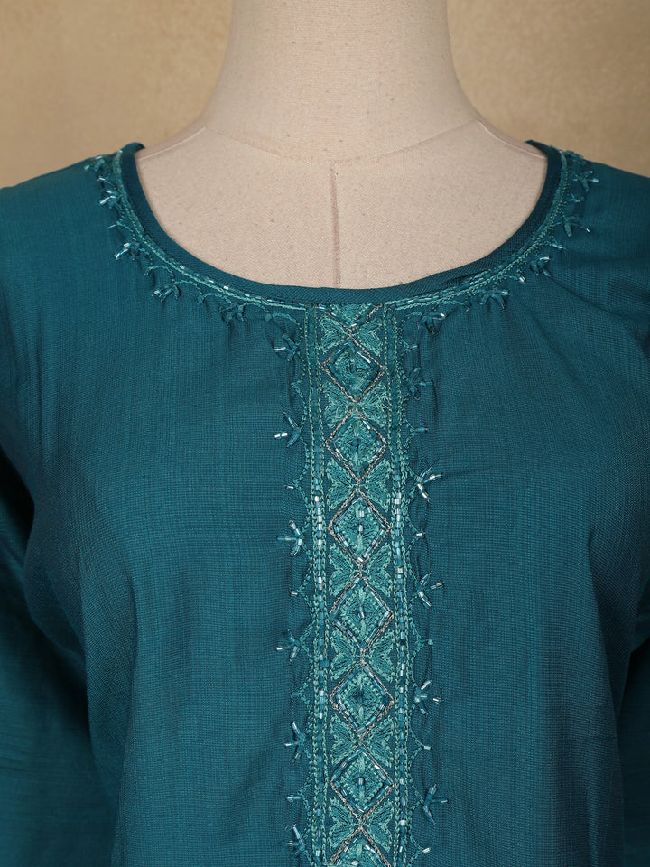 Peacock Blue Floral Design Cotton Kurti - Diadem