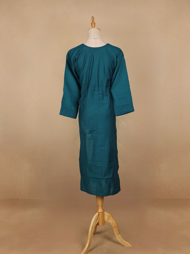 Peacock Blue Floral Design Cotton Kurti - Diadem