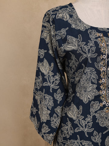 Peacock Blue Floral Design Printed Cotton Salwar Suit - Diadem