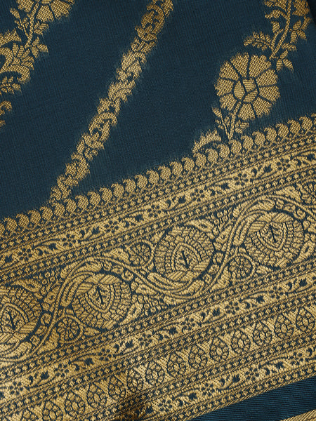 Peacock Blue Floral Design Silk Saree - Diadem
