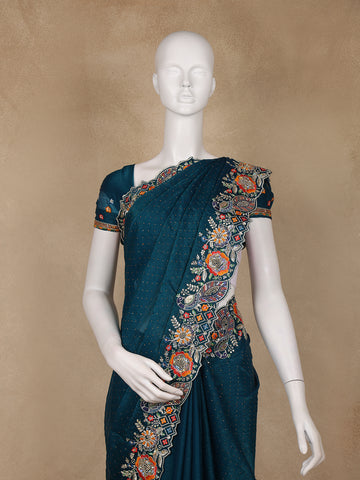 Peacock Blue Floral Embellished Chiffon Saree - Diadem