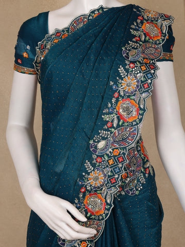 Peacock Blue Floral Embellished Chiffon Saree - Diadem