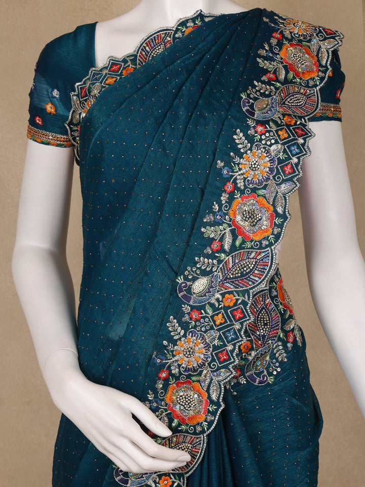 Peacock Blue Floral Embellished Chiffon Saree - Diadem