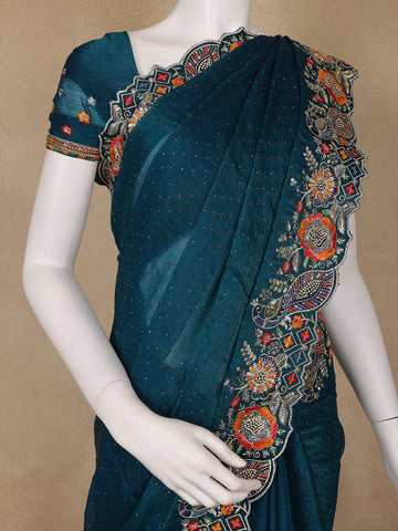 Peacock Blue Floral Embellished Chiffon Saree - Diadem