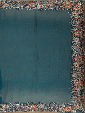 Peacock Blue Floral Embellished Chiffon Saree - Diadem