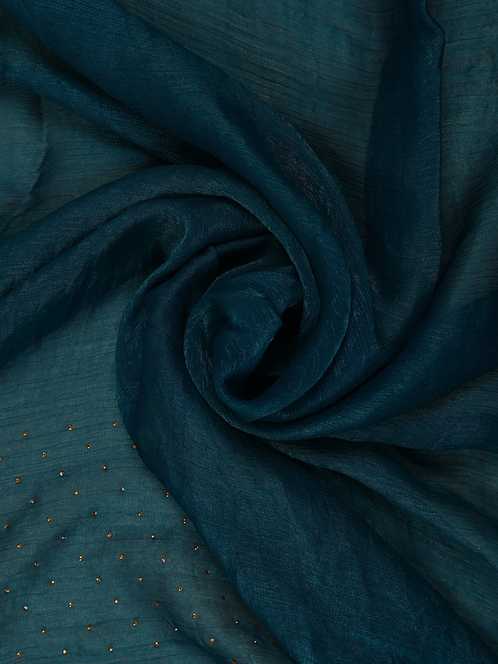 Peacock Blue Floral Embellished Chiffon Saree - Diadem