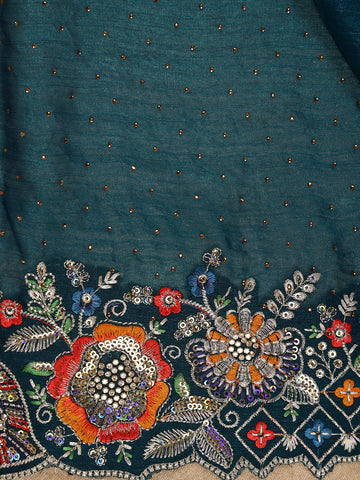Peacock Blue Floral Embellished Chiffon Saree - Diadem