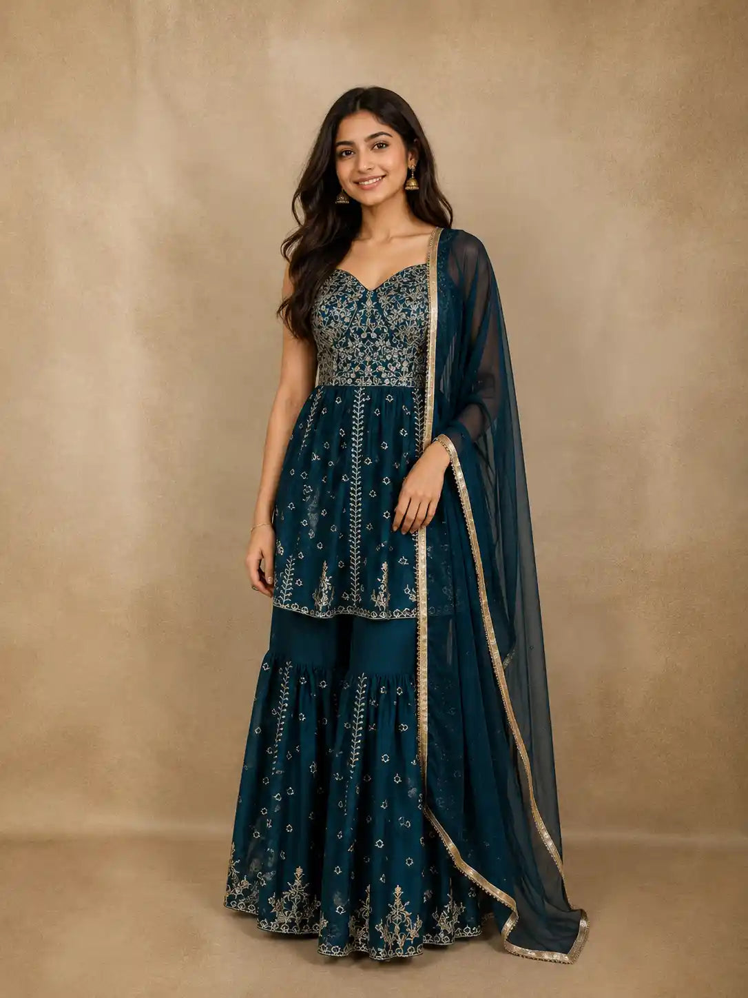 Peacock Blue Floral Embroidered Georgette Sharara Suit with Dupatta