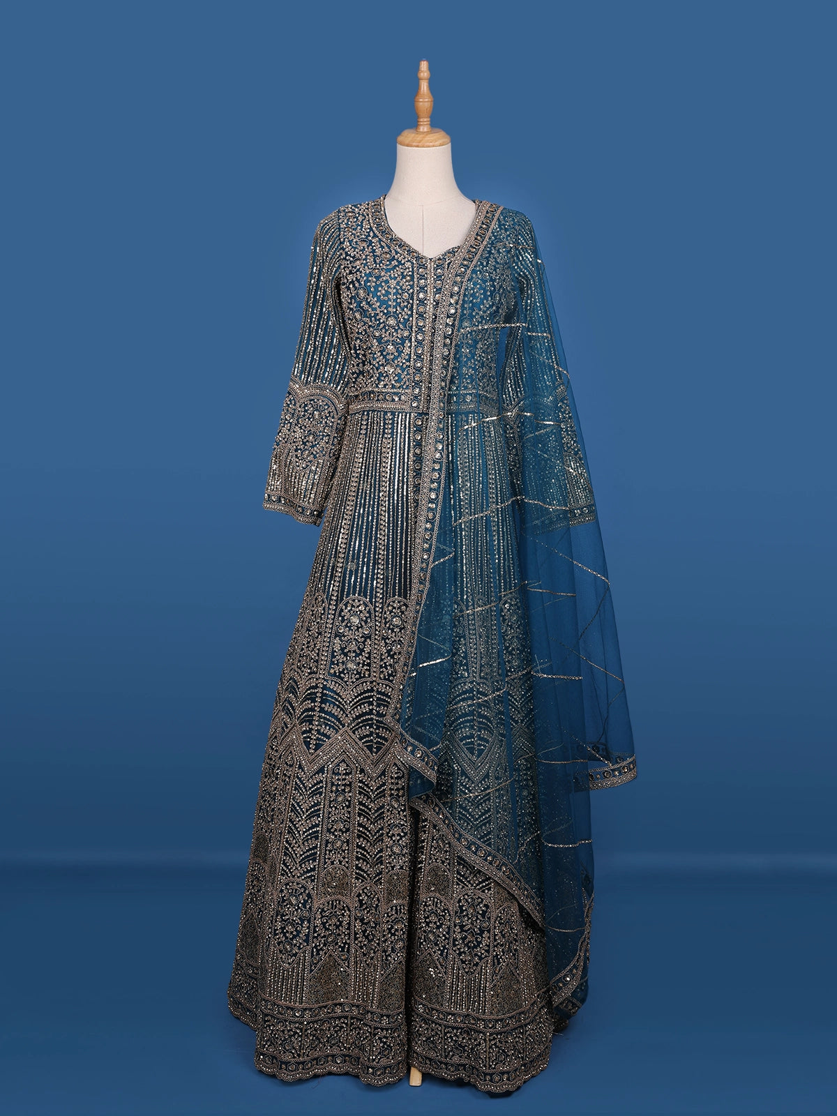 Peacock Blue Floral Embroidery Net Bridal Pakistani Lehenga - Diadem