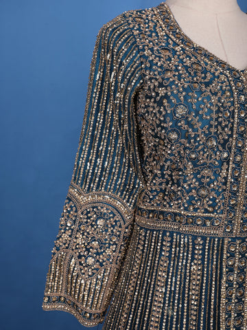 Peacock Blue Floral Embroidery Net Bridal Pakistani Lehenga - Diadem