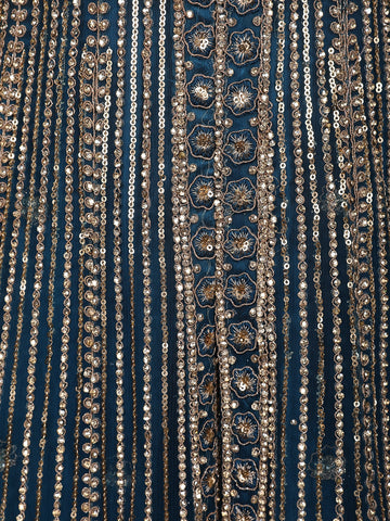 Peacock Blue Floral Embroidery Net Bridal Pakistani Lehenga - Diadem
