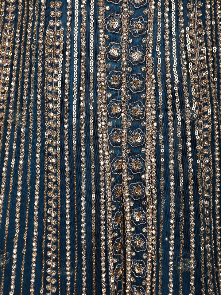 Peacock Blue Floral Embroidery Net Bridal Pakistani Lehenga - Diadem