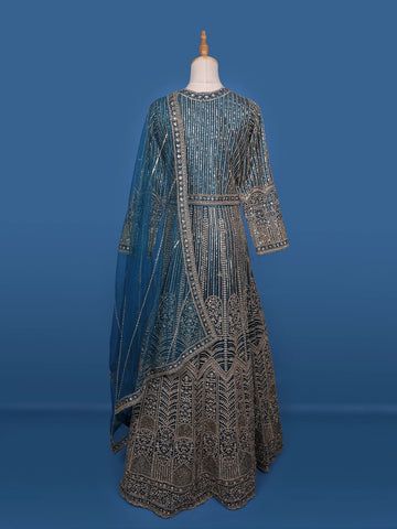 Peacock Blue Floral Embroidery Net Bridal Pakistani Lehenga - Diadem