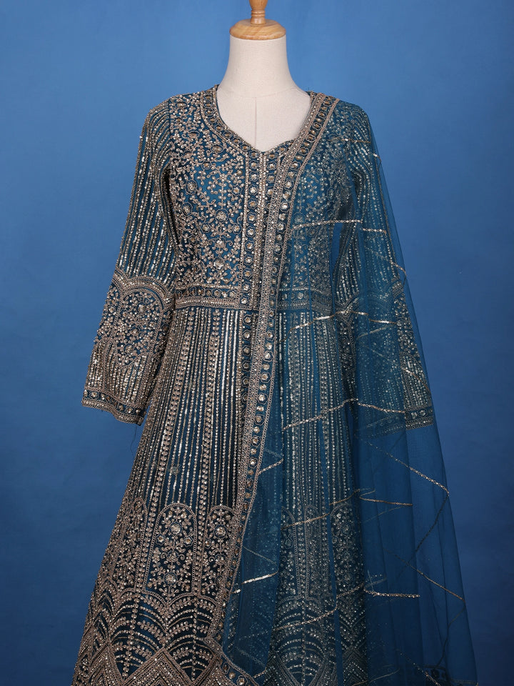 Peacock Blue Floral Embroidery Net Bridal Pakistani Lehenga - Diadem