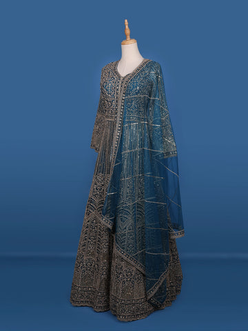 Peacock Blue Floral Embroidery Net Bridal Pakistani Lehenga - Diadem