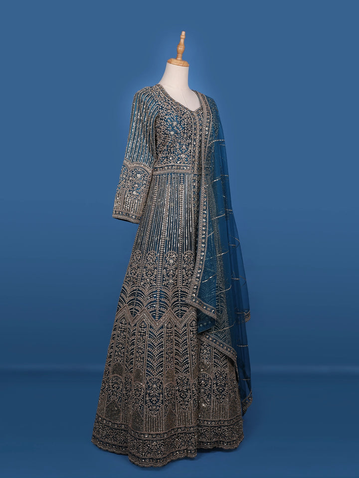 Peacock Blue Floral Embroidery Net Bridal Pakistani Lehenga - Diadem