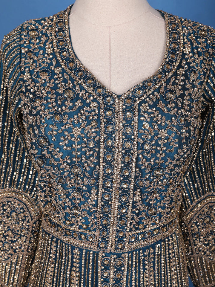 Peacock Blue Floral Embroidery Net Bridal Pakistani Lehenga - Diadem
