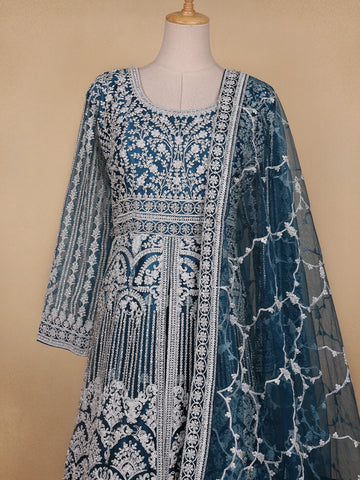 Peacock Blue Floral Embroidery Net Bridesmaid Gown - Diadem