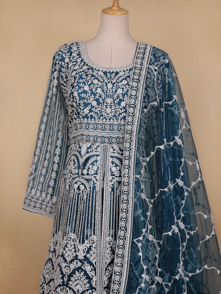 Peacock Blue Floral Embroidery Net Bridesmaid Gown - Diadem