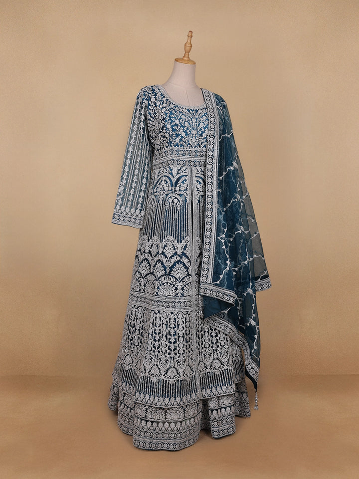 Peacock Blue Floral Embroidery Net Bridesmaid Gown - Diadem