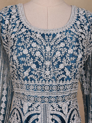 Peacock Blue Floral Embroidery Net Bridesmaid Gown - Diadem
