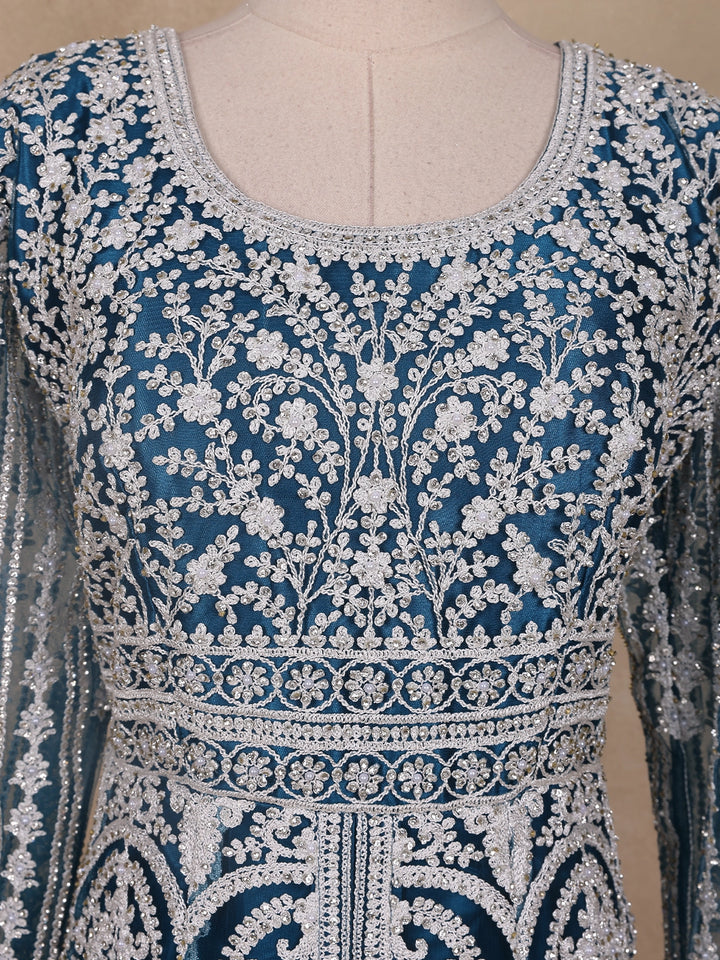 Peacock Blue Floral Embroidery Net Bridesmaid Gown - Diadem