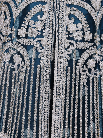 Peacock Blue Floral Embroidery Net Bridesmaid Gown - Diadem