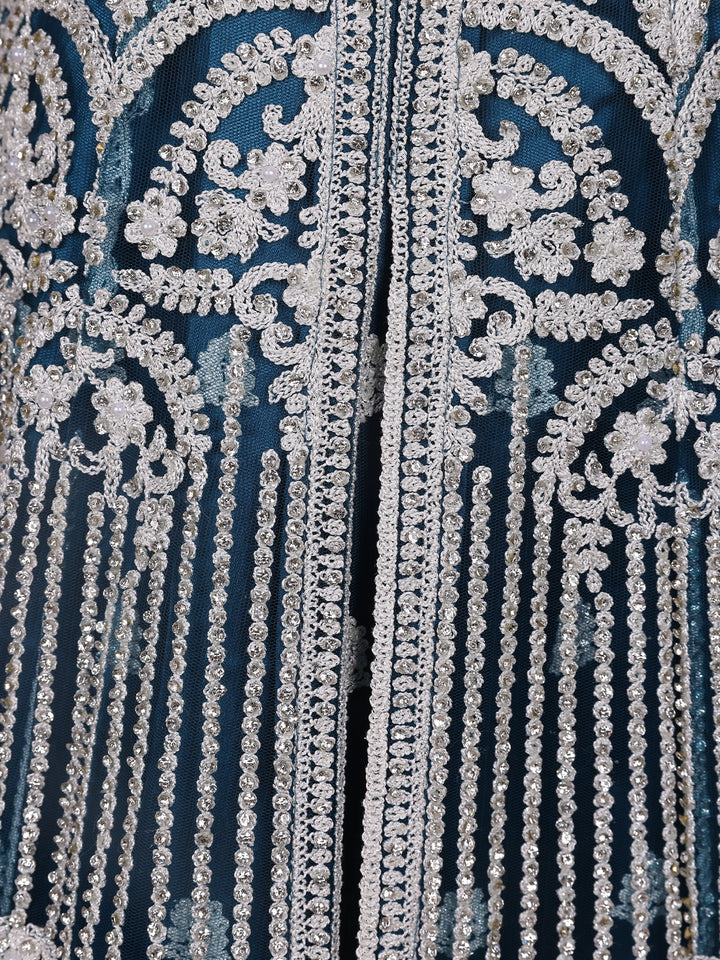 Peacock Blue Floral Embroidery Net Bridesmaid Gown - Diadem