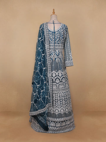 Peacock Blue Floral Embroidery Net Bridesmaid Gown - Diadem