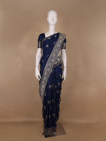 Peacock Blue Floral Woven Banarasi Silk Saree - Diadem