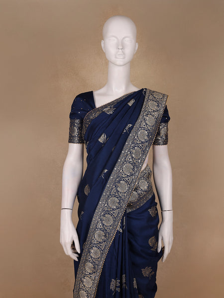 Peacock Blue Floral Woven Banarasi Silk Saree - Diadem