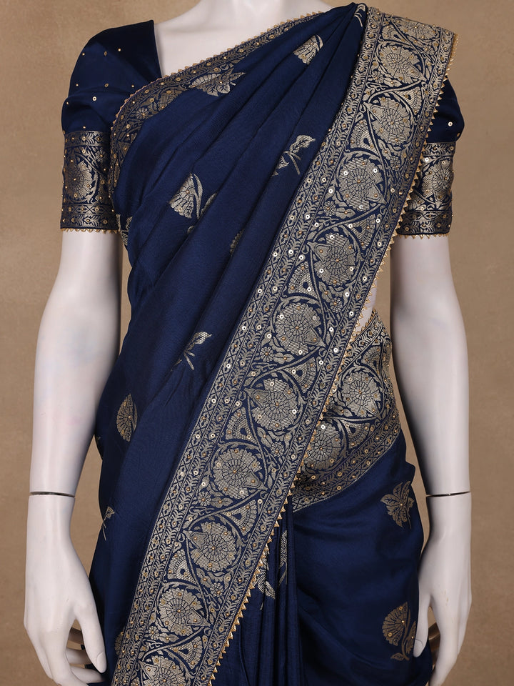 Peacock Blue Floral Woven Banarasi Silk Saree - Diadem