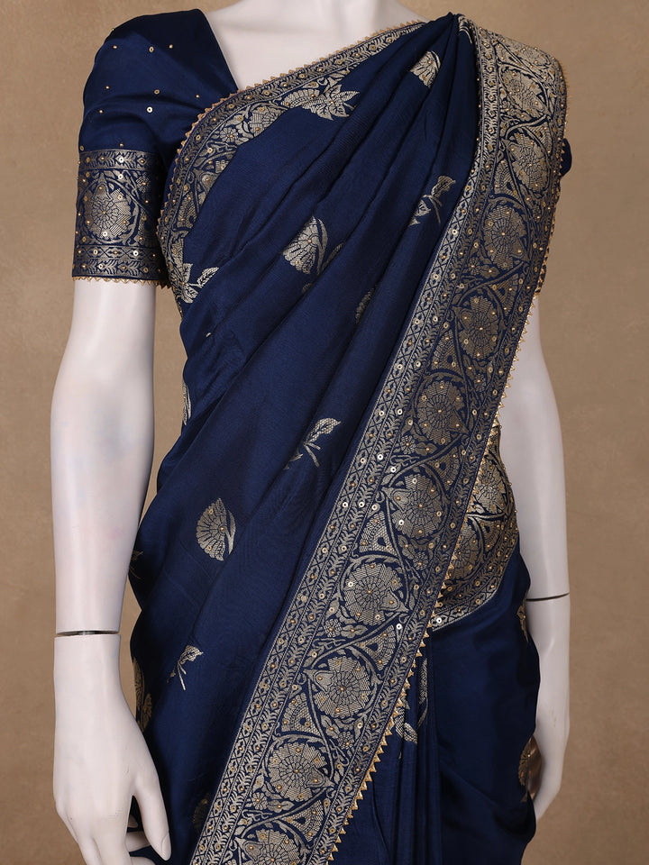 Peacock Blue Floral Woven Banarasi Silk Saree - Diadem