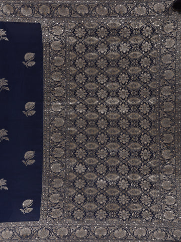 Peacock Blue Floral Woven Banarasi Silk Saree - Diadem