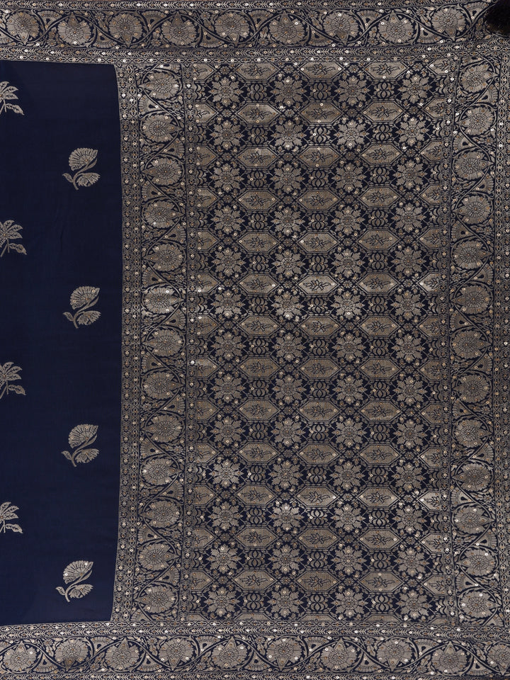 Peacock Blue Floral Woven Banarasi Silk Saree - Diadem