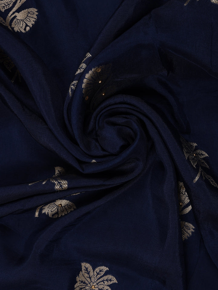 Peacock Blue Floral Woven Banarasi Silk Saree - Diadem