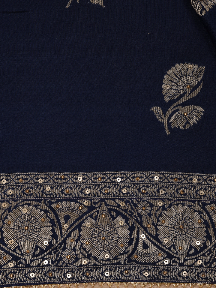 Peacock Blue Floral Woven Banarasi Silk Saree - Diadem