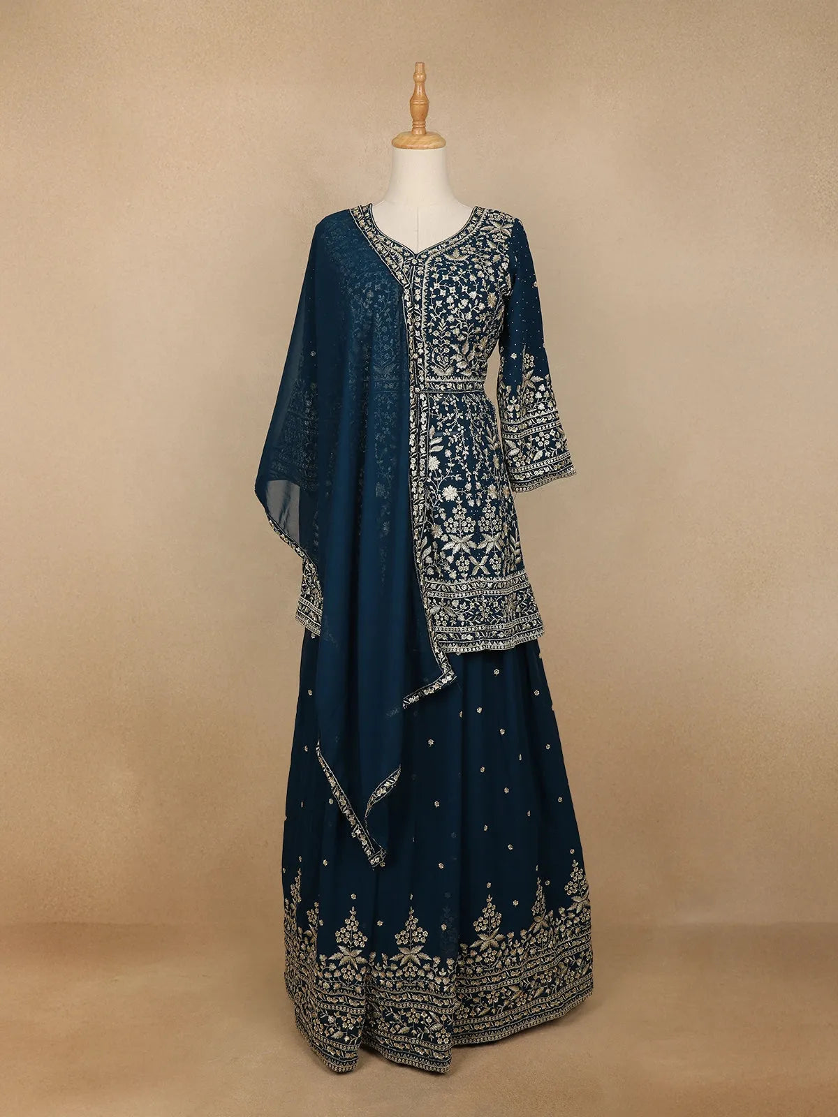 Peacock Blue Georgette Floral Designed Bridesmaid Lehenga - Diadem