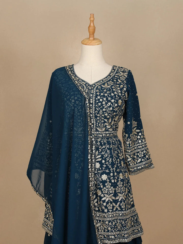 Peacock Blue Georgette Floral Designed Bridesmaid Lehenga - Diadem