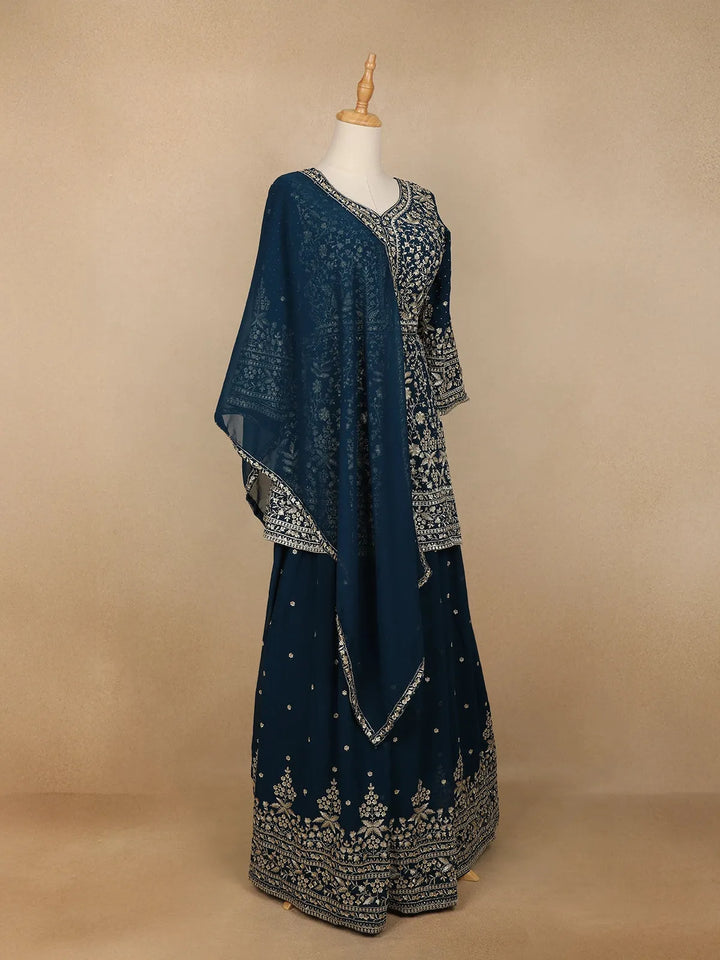 Peacock Blue Georgette Floral Designed Bridesmaid Lehenga - Diadem