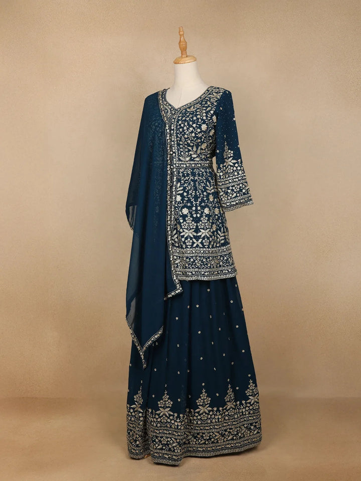 Peacock Blue Georgette Floral Designed Bridesmaid Lehenga - Diadem