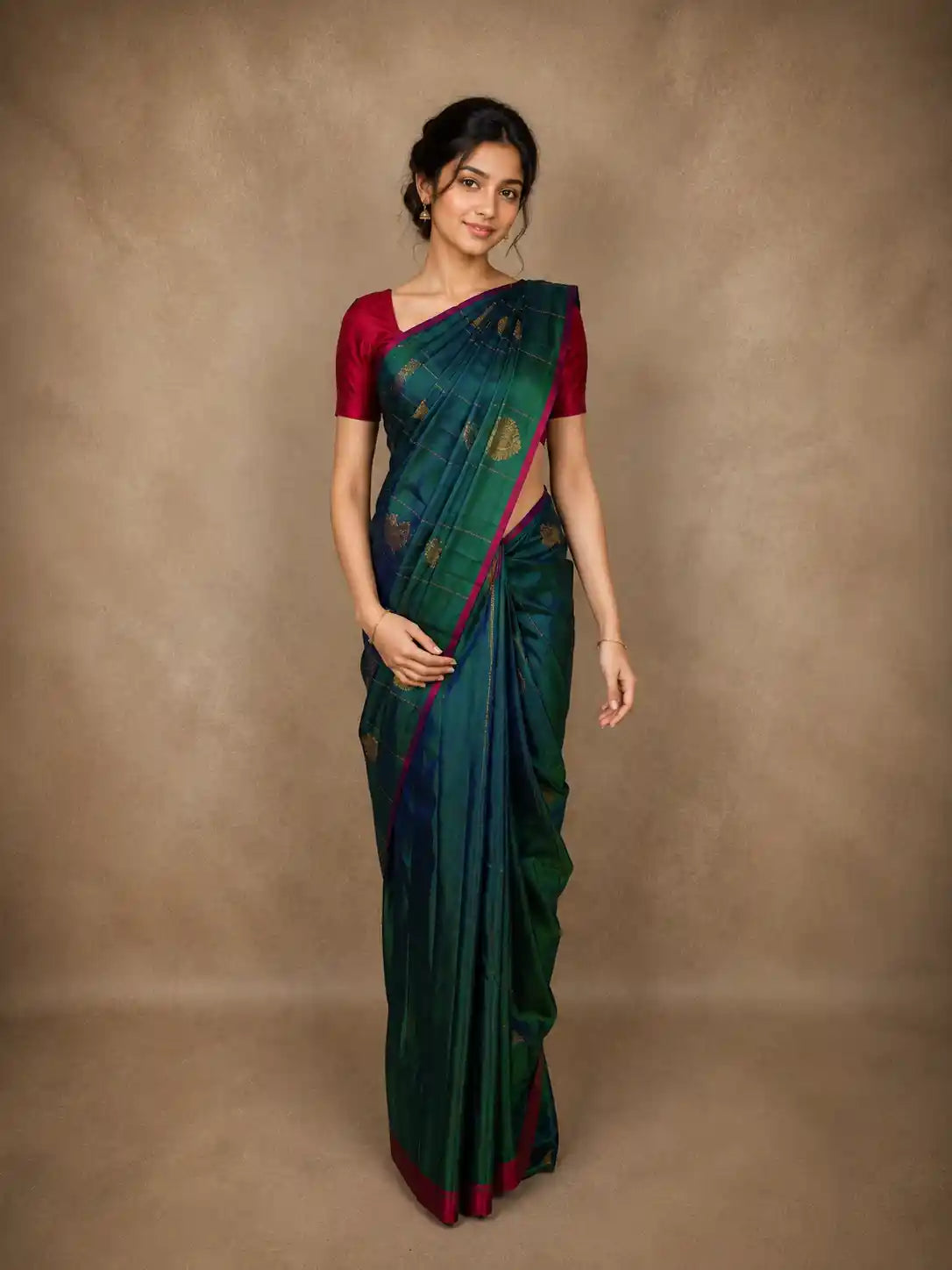 Peacock Blue Paisley Butta Woven Design Pure Kanchipuram Silk Saree with Contrast Blouse