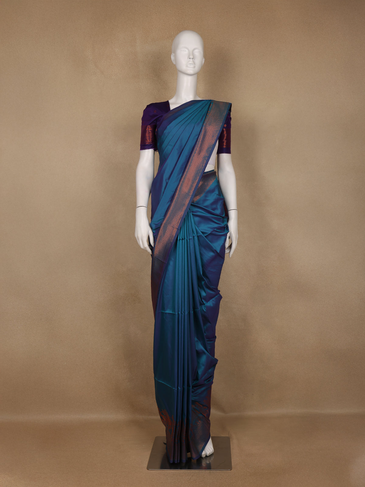 Peacock Blue & Purple Dual Tone Plain Semi Silk Saree with Copper Zari Border - Diadem