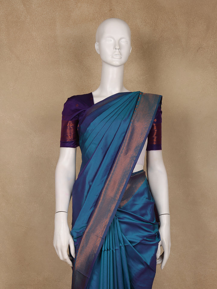 Peacock Blue & Purple Dual Tone Plain Semi Silk Saree with Copper Zari Border - Diadem