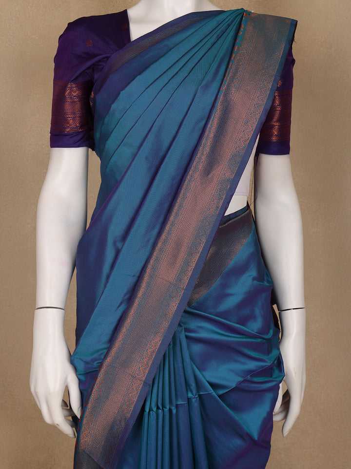 Peacock Blue & Purple Dual Tone Plain Semi Silk Saree with Copper Zari Border - Diadem