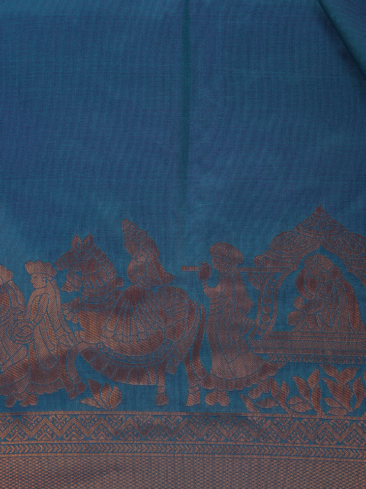Peacock Blue & Purple Dual Tone Plain Semi Silk Saree with Copper Zari Border - Diadem