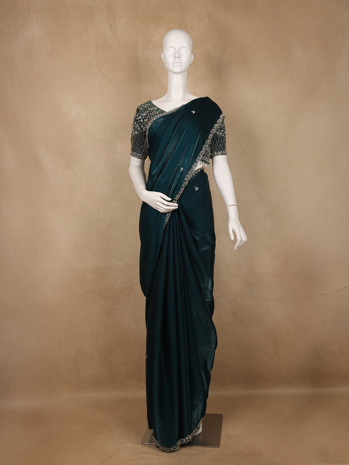 Peacock Blue Sequins Design Satin Saree - Diadem